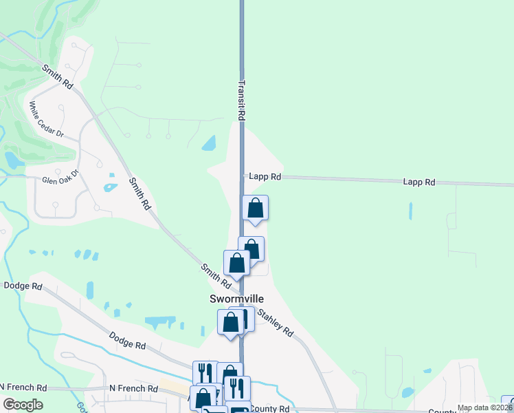 map of restaurants, bars, coffee shops, grocery stores, and more near 7107 Transit Road in East Amherst