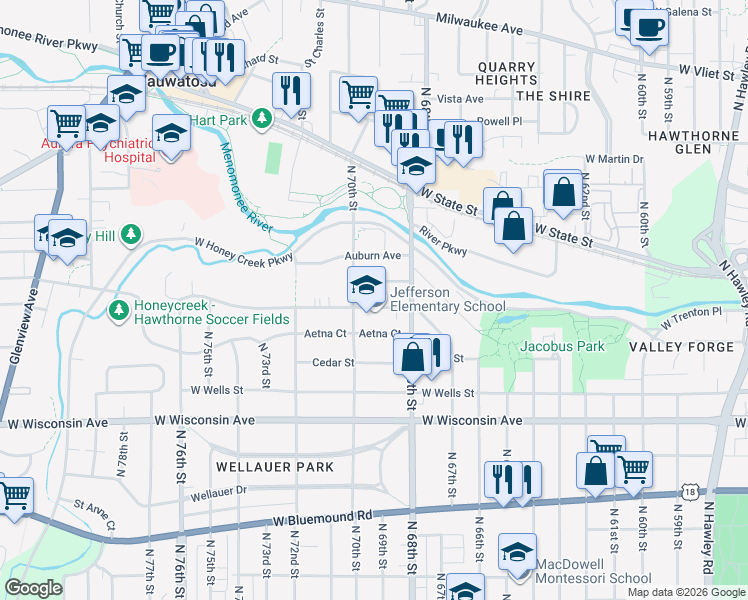 map of restaurants, bars, coffee shops, grocery stores, and more near 6914 Maple Terrace in Wauwatosa