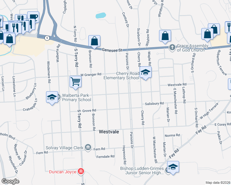 map of restaurants, bars, coffee shops, grocery stores, and more near 222 Breakspear Road in Syracuse