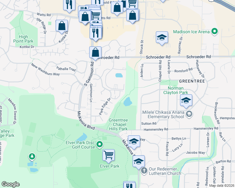 map of restaurants, bars, coffee shops, grocery stores, and more near 6772 Park Ridge Drive in Madison
