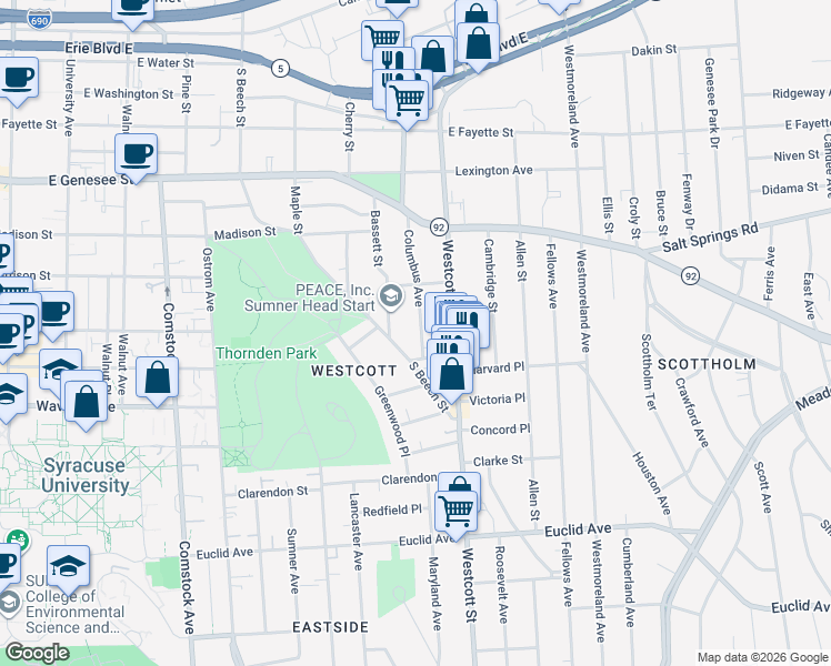 map of restaurants, bars, coffee shops, grocery stores, and more near 546 Columbus Avenue in Syracuse