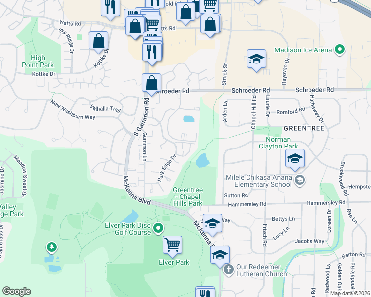 map of restaurants, bars, coffee shops, grocery stores, and more near 6710 Park Ridge Drive in Madison