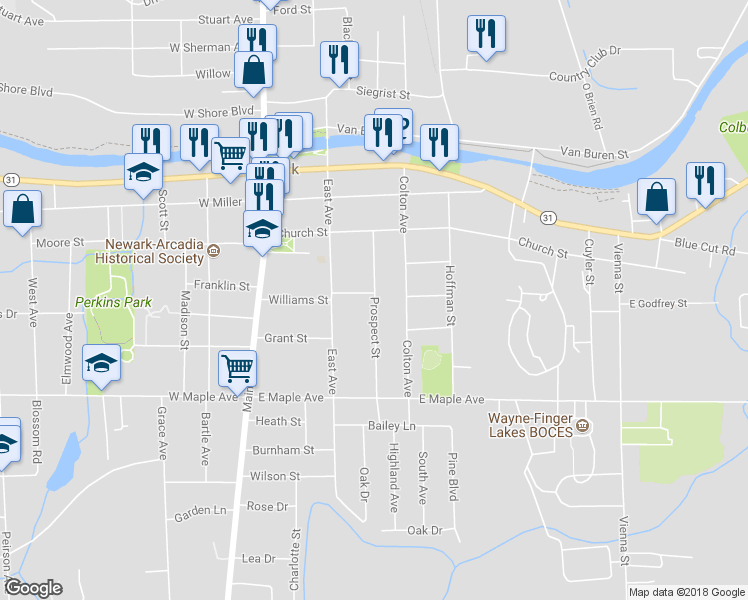 map of restaurants, bars, coffee shops, grocery stores, and more near 111 West Myrtle Avenue in Newark