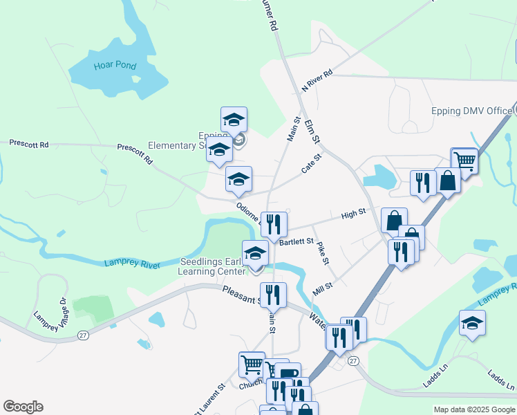 map of restaurants, bars, coffee shops, grocery stores, and more near 23 Odiorne Lane in Epping