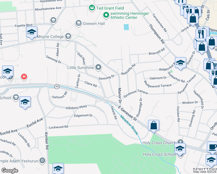 map of restaurants, bars, coffee shops, grocery stores, and more near 203 Gifford Parkway in Syracuse