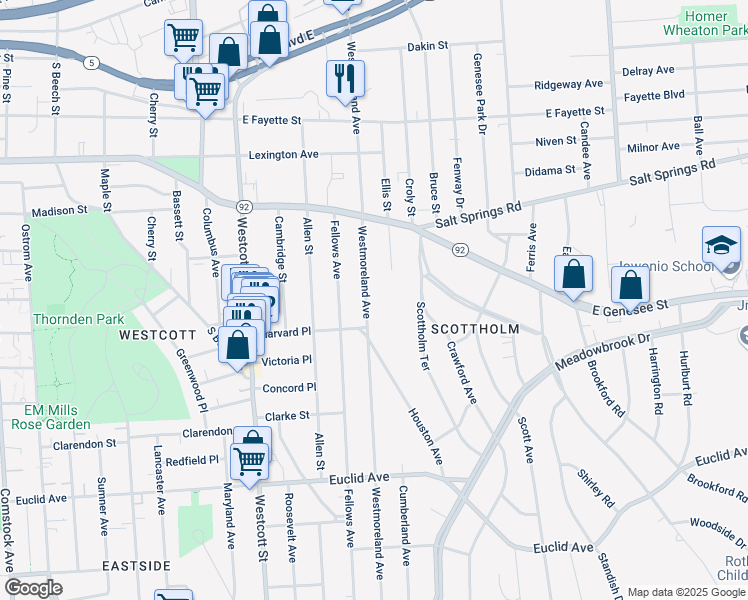 map of restaurants, bars, coffee shops, grocery stores, and more near 645 Westmoreland Avenue in Syracuse