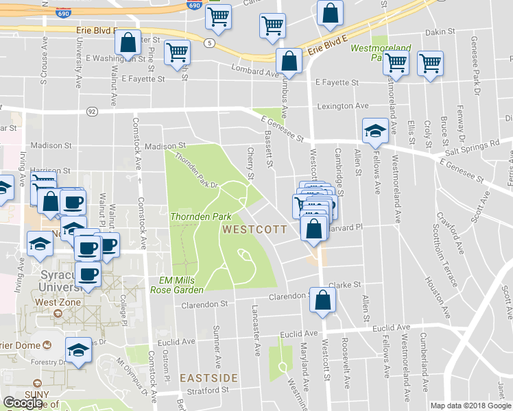 map of restaurants, bars, coffee shops, grocery stores, and more near 103 Bristol Place in Syracuse