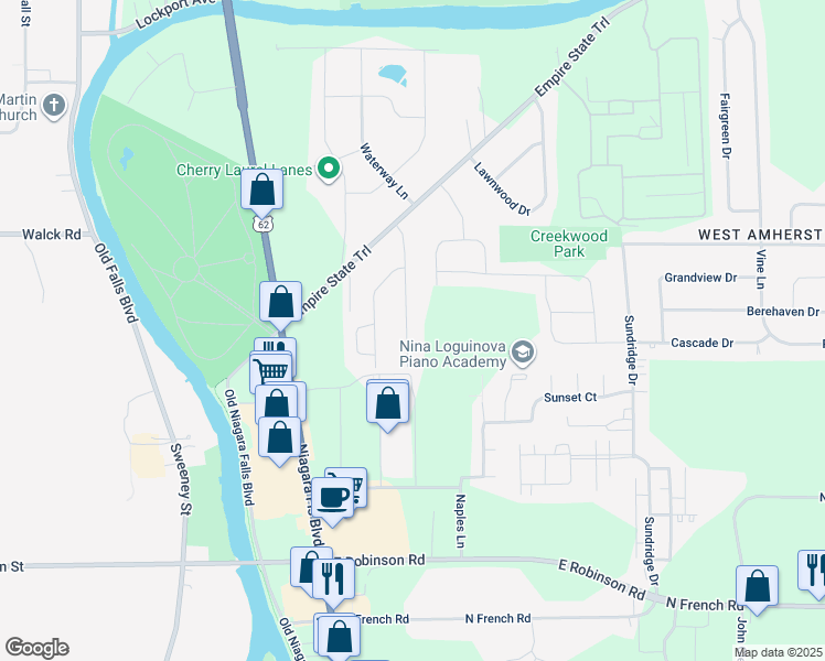 map of restaurants, bars, coffee shops, grocery stores, and more near 114 East Summerset Lane in Buffalo
