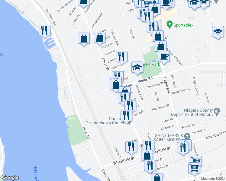map of restaurants, bars, coffee shops, grocery stores, and more near 756 Oliver Street in North Tonawanda