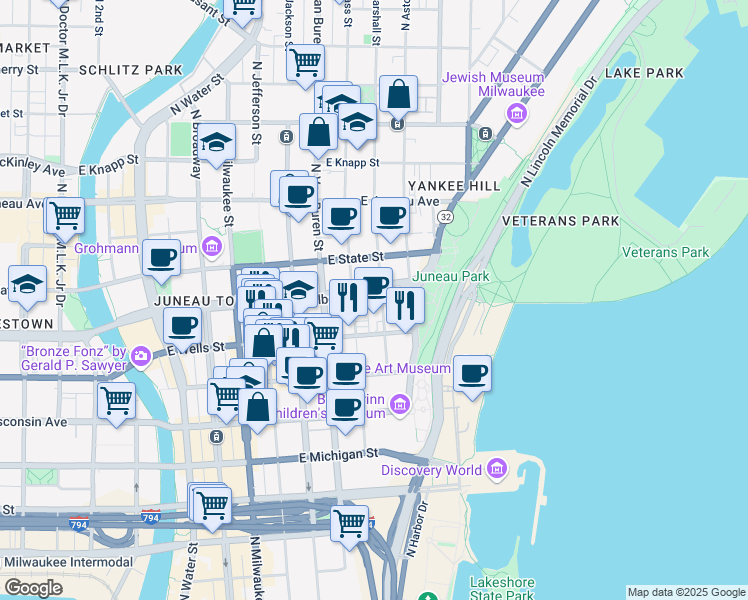 map of restaurants, bars, coffee shops, grocery stores, and more near 813 East Kilbourn Avenue in Milwaukee