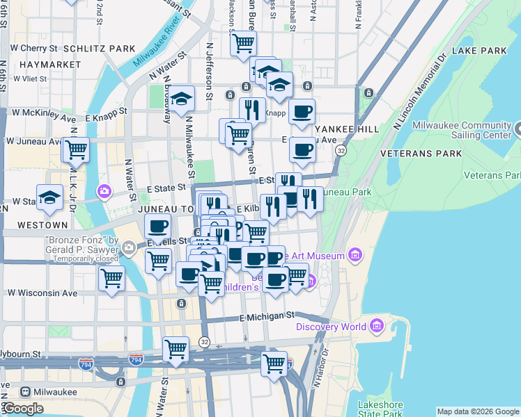 map of restaurants, bars, coffee shops, grocery stores, and more near 920 North Van Buren Street in Milwaukee