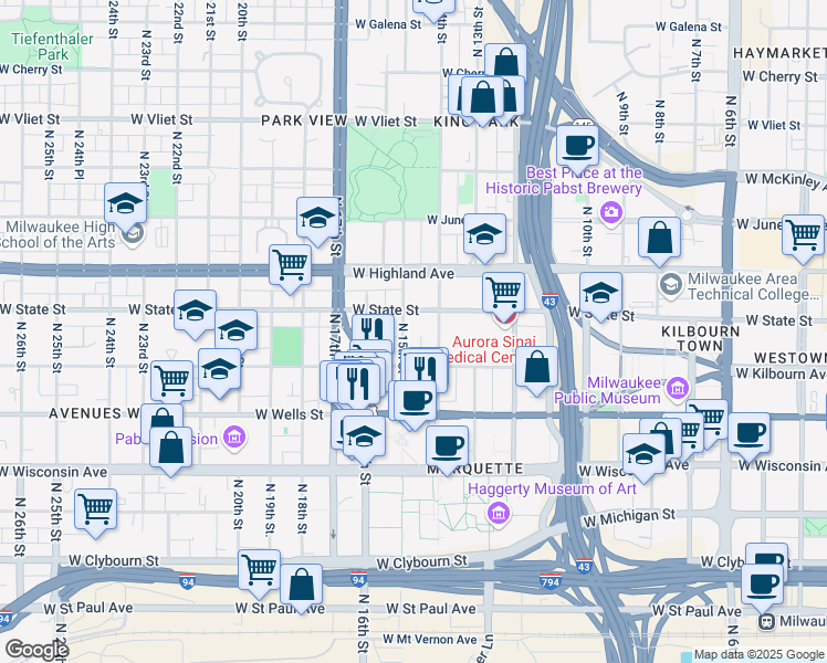 map of restaurants, bars, coffee shops, grocery stores, and more near 936 North 15th Street in Milwaukee