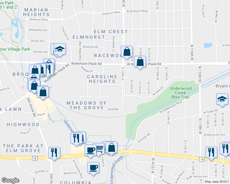 map of restaurants, bars, coffee shops, grocery stores, and more near 1007 North 124th Street in Elm Grove