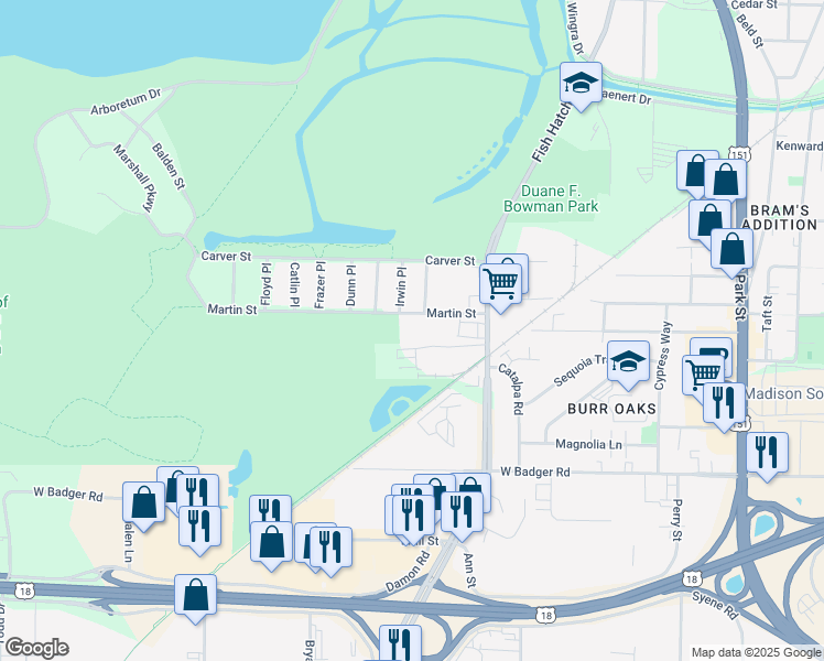 map of restaurants, bars, coffee shops, grocery stores, and more near 1505 Martin Street in Madison