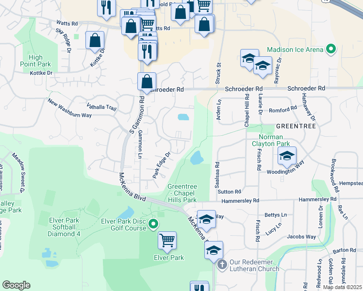 map of restaurants, bars, coffee shops, grocery stores, and more near 6772 Park Ridge Drive in Madison