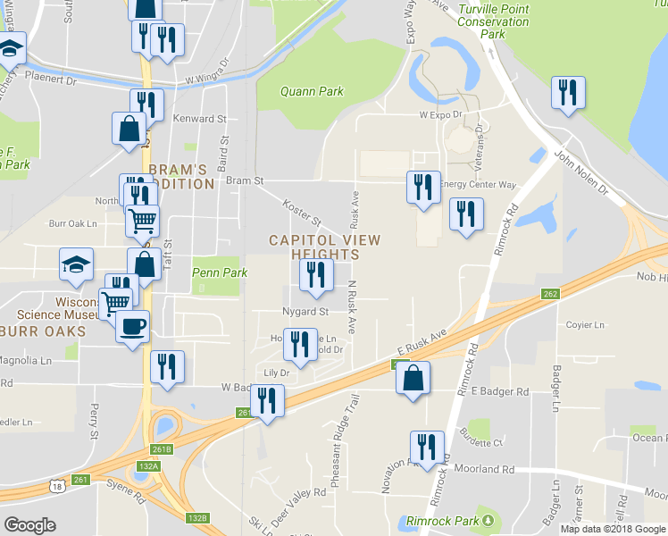 map of restaurants, bars, coffee shops, grocery stores, and more near 109 Ardmore Drive in Madison