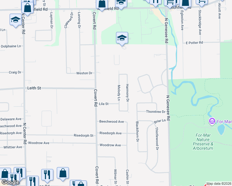 map of restaurants, bars, coffee shops, grocery stores, and more near 2339 Melody Lane in Burton