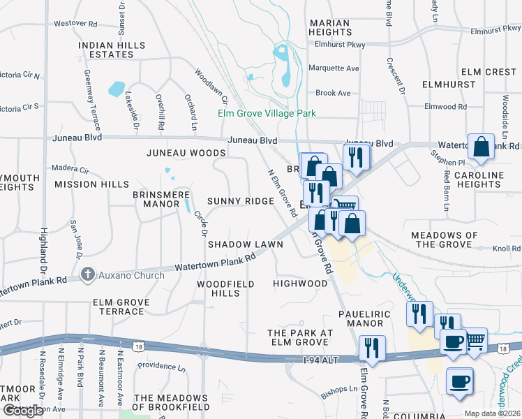 map of restaurants, bars, coffee shops, grocery stores, and more near 925 Katherine Drive in Elm Grove