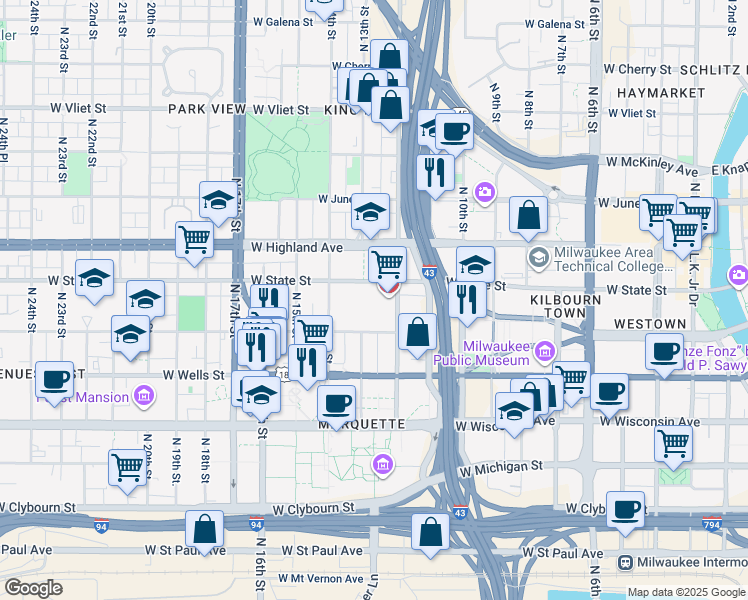map of restaurants, bars, coffee shops, grocery stores, and more near 945 North 12th Street in Milwaukee