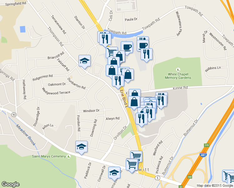 map of restaurants, bars, coffee shops, grocery stores, and more near 6540 Kinne Road in Syracuse