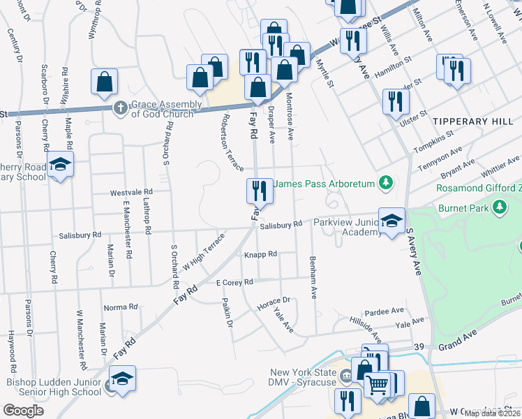 map of restaurants, bars, coffee shops, grocery stores, and more near 331 Fay Road in Syracuse