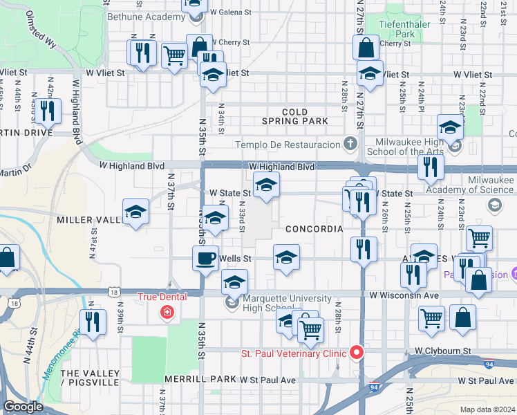 map of restaurants, bars, coffee shops, grocery stores, and more near 944 North 33rd Street in Milwaukee