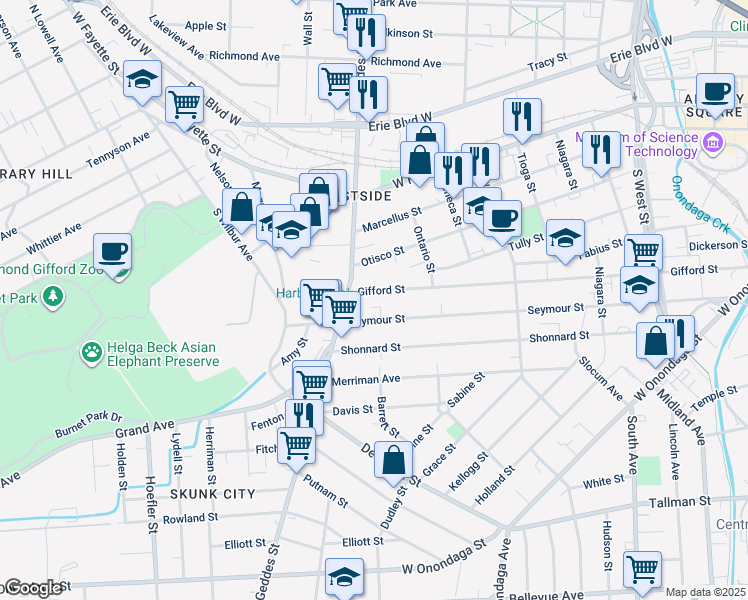 map of restaurants, bars, coffee shops, grocery stores, and more near 657 Gifford Street in Syracuse