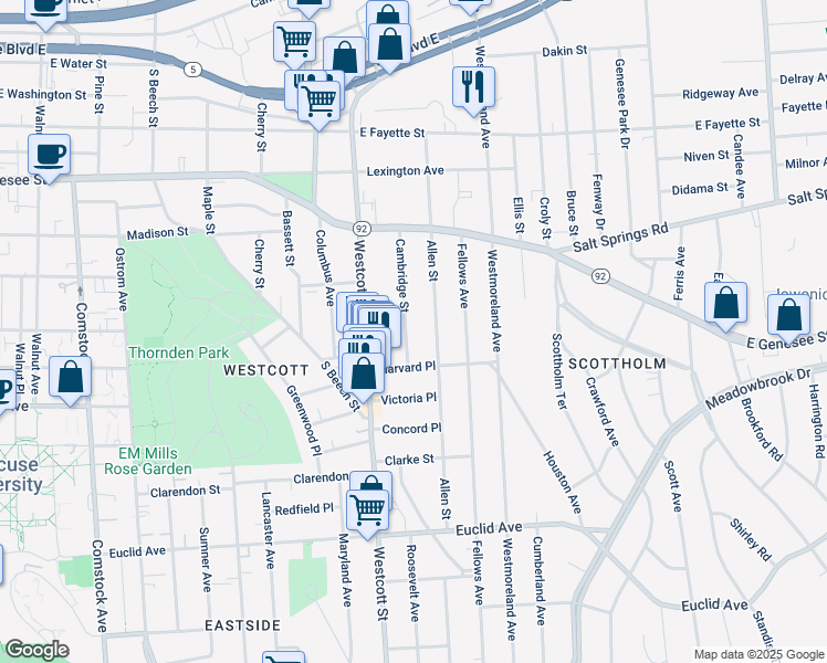 map of restaurants, bars, coffee shops, grocery stores, and more near 233 Cambridge Street in Syracuse