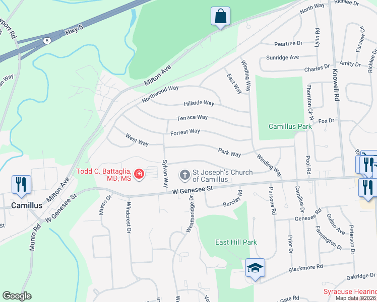 map of restaurants, bars, coffee shops, grocery stores, and more near 153 Park Way in Camillus