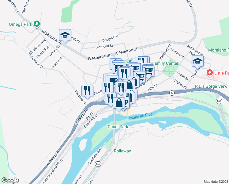 map of restaurants, bars, coffee shops, grocery stores, and more near 25 West Main Street in Little Falls