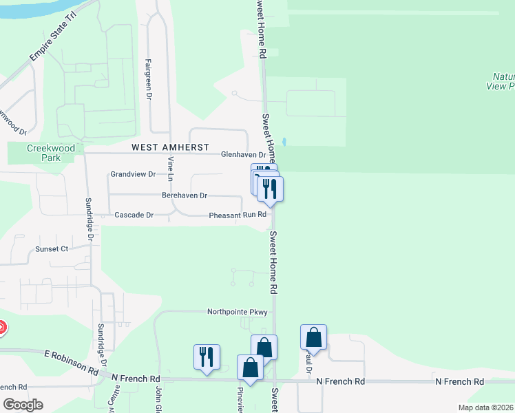 map of restaurants, bars, coffee shops, grocery stores, and more near 30 Pheasant Run Road in Buffalo