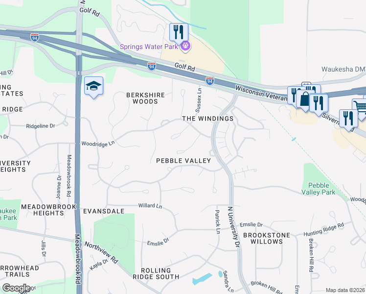 map of restaurants, bars, coffee shops, grocery stores, and more near 2714 Bristol Court in Waukesha