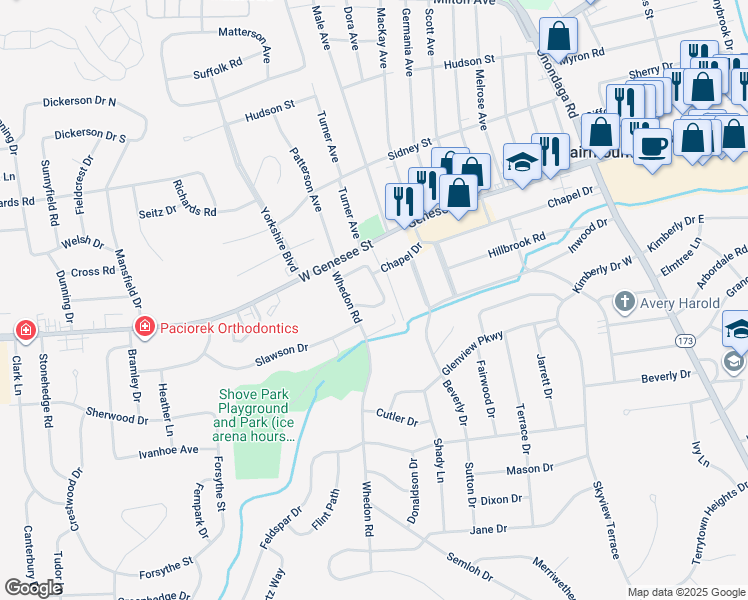map of restaurants, bars, coffee shops, grocery stores, and more near 107 Whedon Road in Syracuse