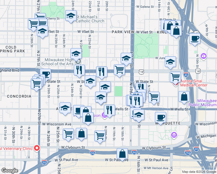 map of restaurants, bars, coffee shops, grocery stores, and more near 936 North 20th Street in Milwaukee