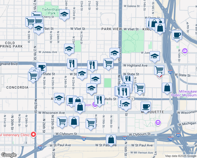 map of restaurants, bars, coffee shops, grocery stores, and more near 936 North 20th Street in Milwaukee
