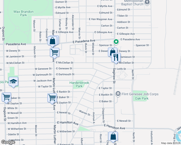 map of restaurants, bars, coffee shops, grocery stores, and more near 425 East Dartmouth Street in Flint