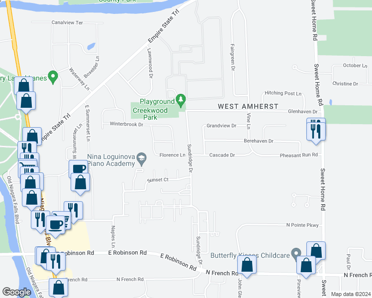 map of restaurants, bars, coffee shops, grocery stores, and more near 282 Sundridge Drive in Buffalo