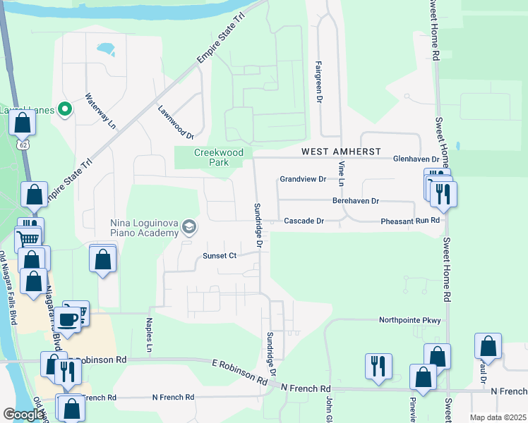 map of restaurants, bars, coffee shops, grocery stores, and more near 281 Sundridge Drive in Buffalo