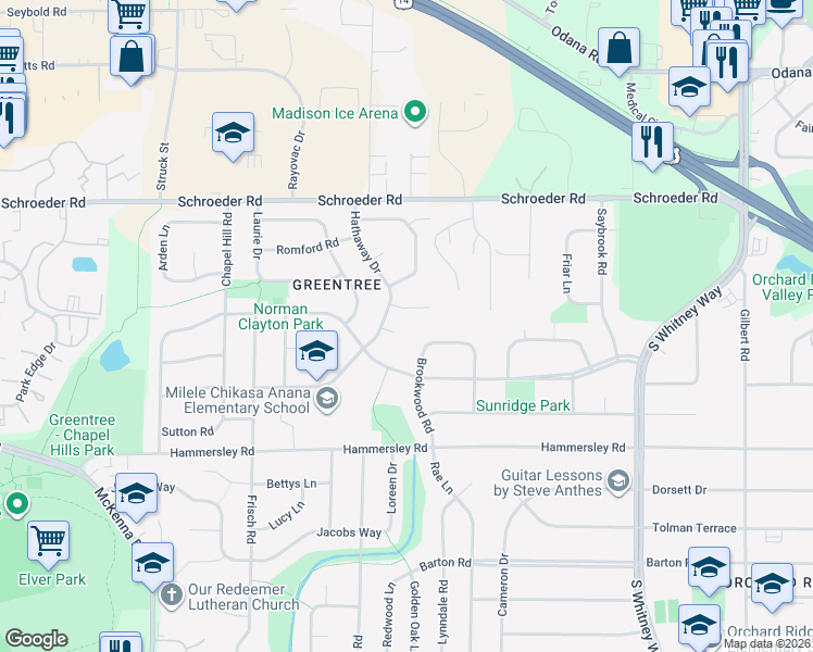 map of restaurants, bars, coffee shops, grocery stores, and more near 6202 Glenbrook Circle in Madison