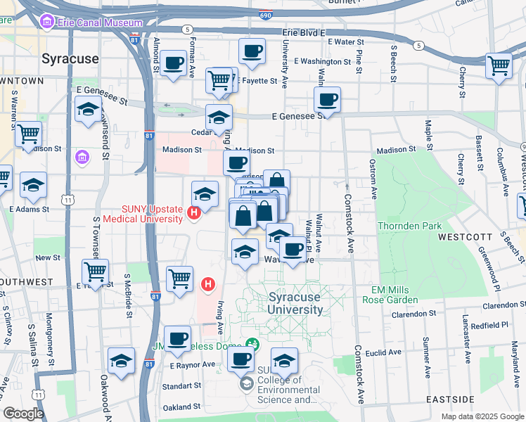 map of restaurants, bars, coffee shops, grocery stores, and more near 1022 East Adams Street in Syracuse