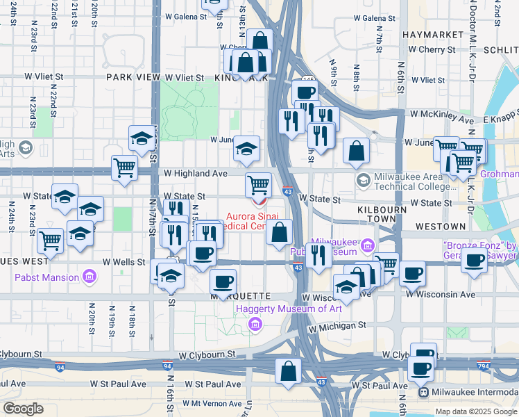 map of restaurants, bars, coffee shops, grocery stores, and more near 945 North 12th Street in Milwaukee