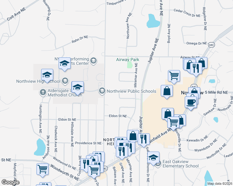 map of restaurants, bars, coffee shops, grocery stores, and more near 4372 Hunsberger Avenue Northeast in Grand Rapids
