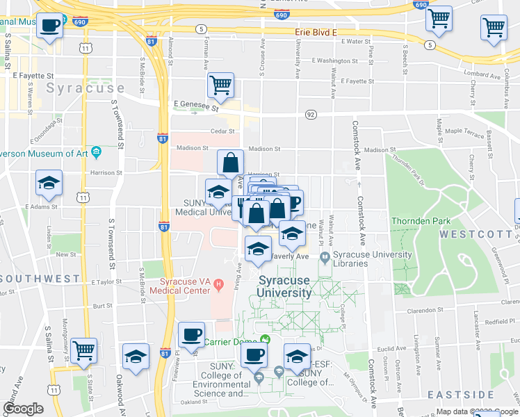 map of restaurants, bars, coffee shops, grocery stores, and more near 700 South Crouse Avenue in Syracuse