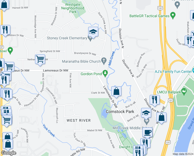 map of restaurants, bars, coffee shops, grocery stores, and more near 166 Lamoreaux Drive Northwest in Comstock Park