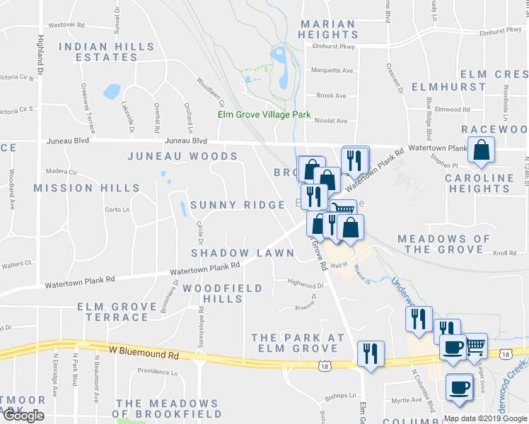 map of restaurants, bars, coffee shops, grocery stores, and more near 925 Katherine Drive in Elm Grove