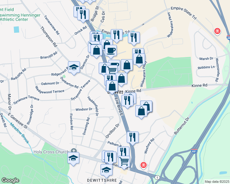 map of restaurants, bars, coffee shops, grocery stores, and more near in De Witt
