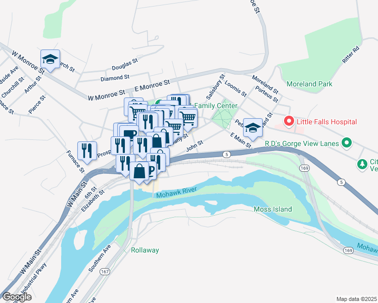 map of restaurants, bars, coffee shops, grocery stores, and more near 573 5 John Street in Little Falls