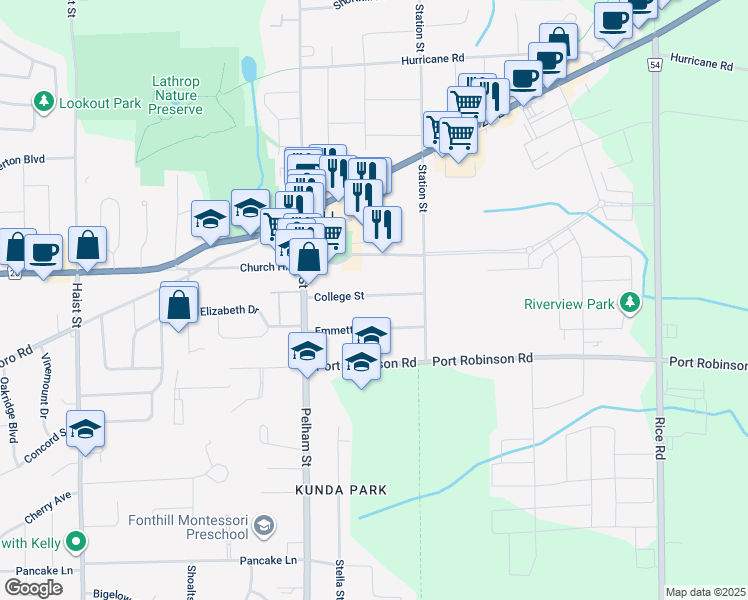 map of restaurants, bars, coffee shops, grocery stores, and more near 24 College Street in Pelham