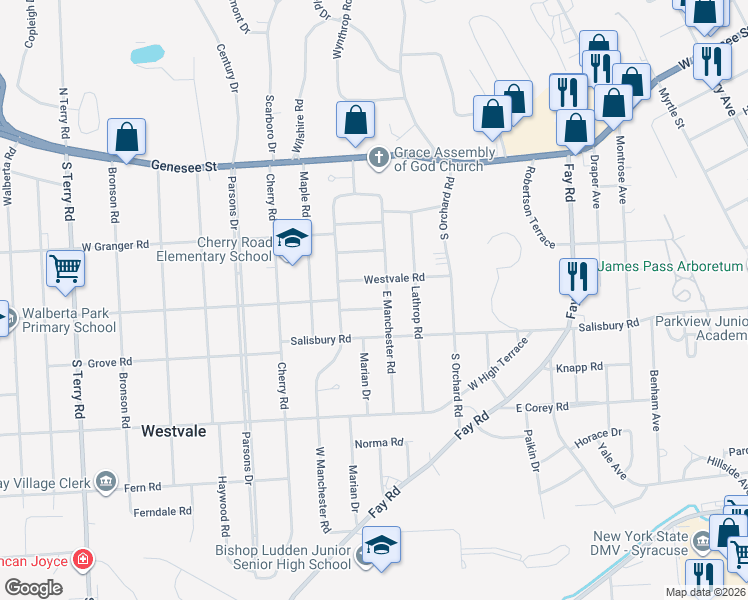 map of restaurants, bars, coffee shops, grocery stores, and more near 108 East Clover Road in Syracuse