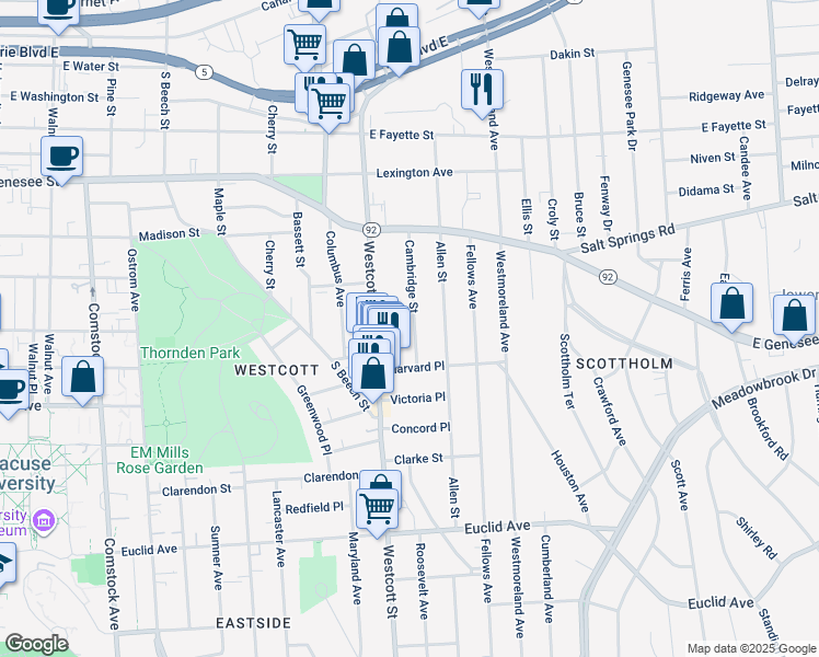 map of restaurants, bars, coffee shops, grocery stores, and more near 233 Cambridge Street in Syracuse